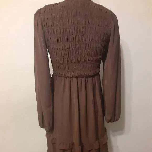 By The River (S)  Brown Maxi Dress w/V Neck, Long Sleeves, Ruffle Hem. - Picture 5 of 5